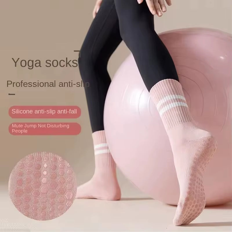 4 Pairs of Mid Tube Double Bar Striped Yoga Socks anti Slip Dance Sports Breathable Socks Fitness Pilates Cotton Socks