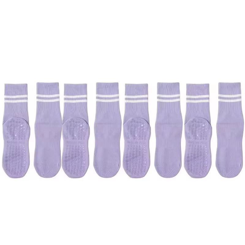 4 Pairs of Mid Tube Double Bar Striped Yoga Socks anti Slip Dance Sports Breathable Socks Fitness Pilates Cotton Socks