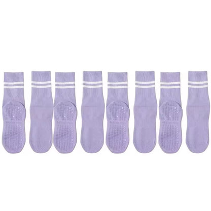 4 Pairs of Mid Tube Double Bar Striped Yoga Socks anti Slip Dance Sports Breathable Socks Fitness Pilates Cotton Socks