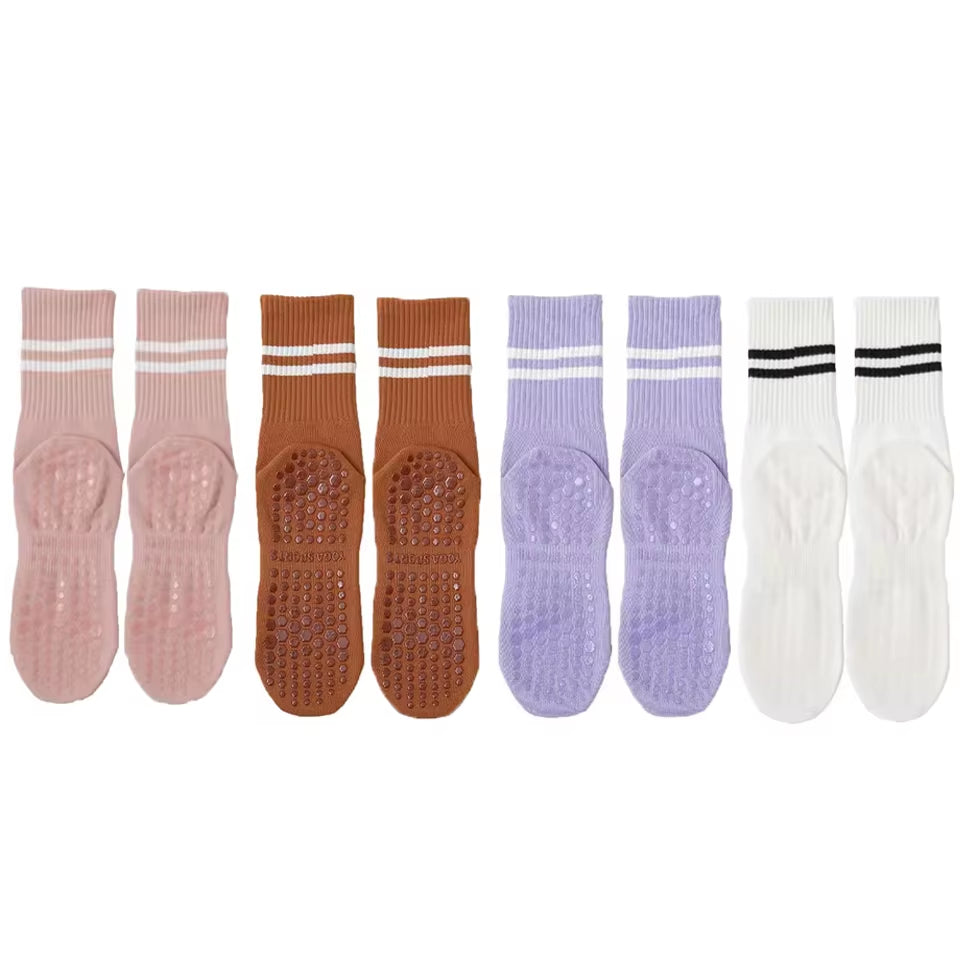 4 Pairs of Mid Tube Double Bar Striped Yoga Socks anti Slip Dance Sports Breathable Socks Fitness Pilates Cotton Socks