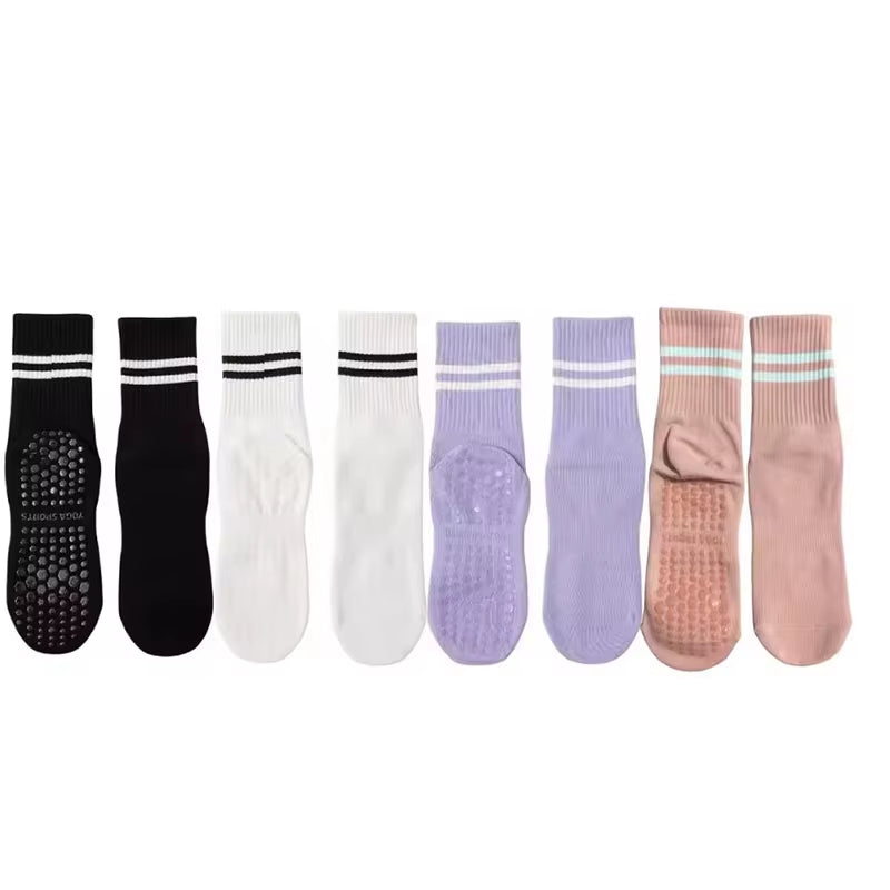 4 Pairs of Mid Tube Double Bar Striped Yoga Socks anti Slip Dance Sports Breathable Socks Fitness Pilates Cotton Socks