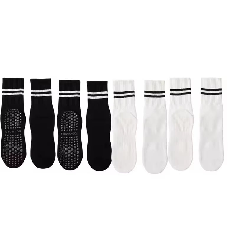 4 Pairs of Mid Tube Double Bar Striped Yoga Socks anti Slip Dance Sports Breathable Socks Fitness Pilates Cotton Socks