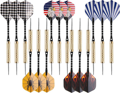 15 Pack Steel Darts 18 Grams Tip Set with Dart Sharpener and 21 Flights, Aluminum Shafts & Brass Barrels, Levels in Every Rec Room, Man Cave, Bar and Game Room