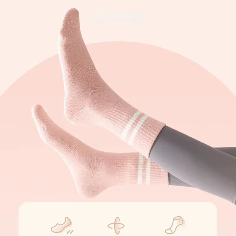 4 Pairs of Mid Tube Double Bar Striped Yoga Socks anti Slip Dance Sports Breathable Socks Fitness Pilates Cotton Socks