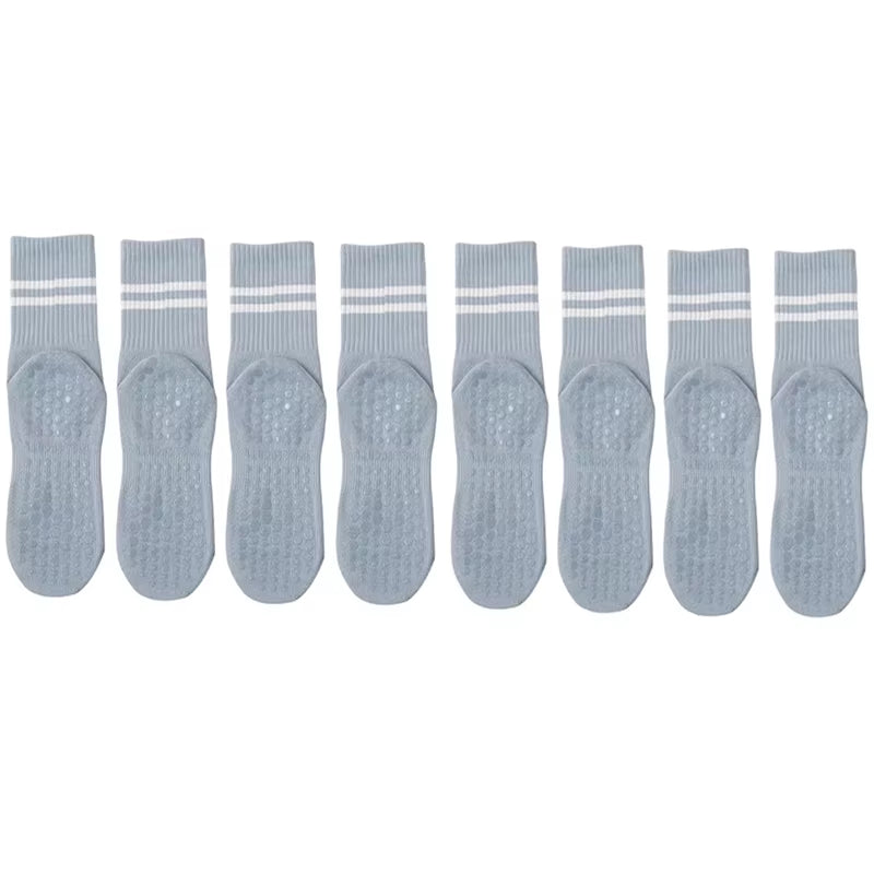 4 Pairs of Mid Tube Double Bar Striped Yoga Socks anti Slip Dance Sports Breathable Socks Fitness Pilates Cotton Socks