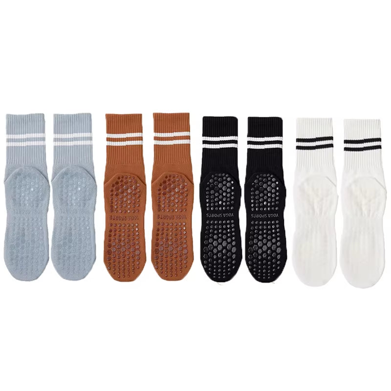 4 Pairs of Mid Tube Double Bar Striped Yoga Socks anti Slip Dance Sports Breathable Socks Fitness Pilates Cotton Socks