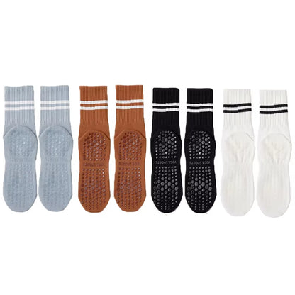 4 Pairs of Mid Tube Double Bar Striped Yoga Socks anti Slip Dance Sports Breathable Socks Fitness Pilates Cotton Socks